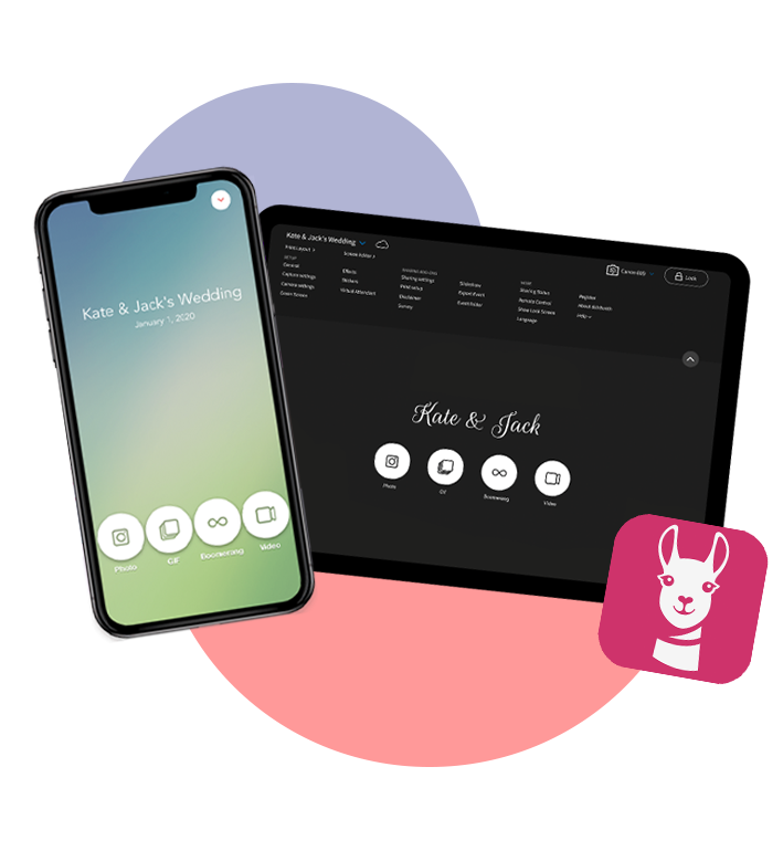 LumaBooth and dslrBooth photo booth apps shown on iPhone and iPad with wedding welcome screen and settings dashboard